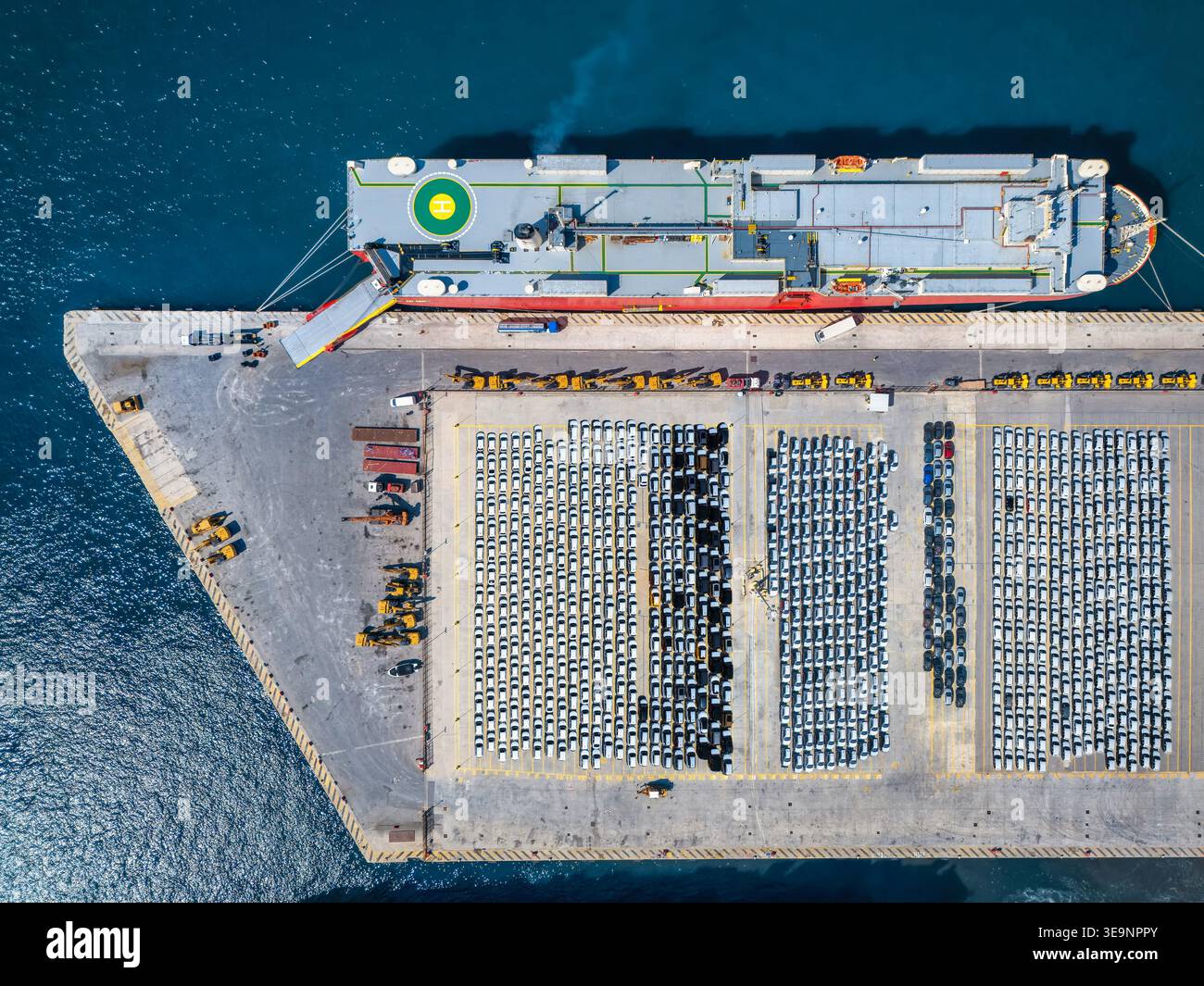 Aerial top down view of an industrial car port terminal with a cargo ...