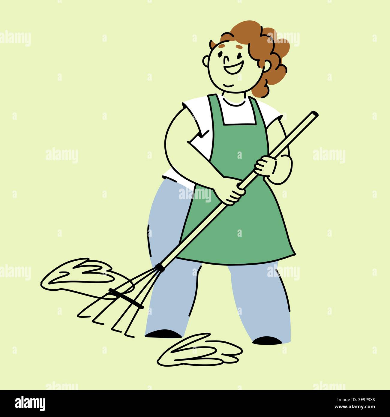 Smiling Woman Raking Leaves in the Garden Doodle illustration of an outline character in spring green colors Stock Vector