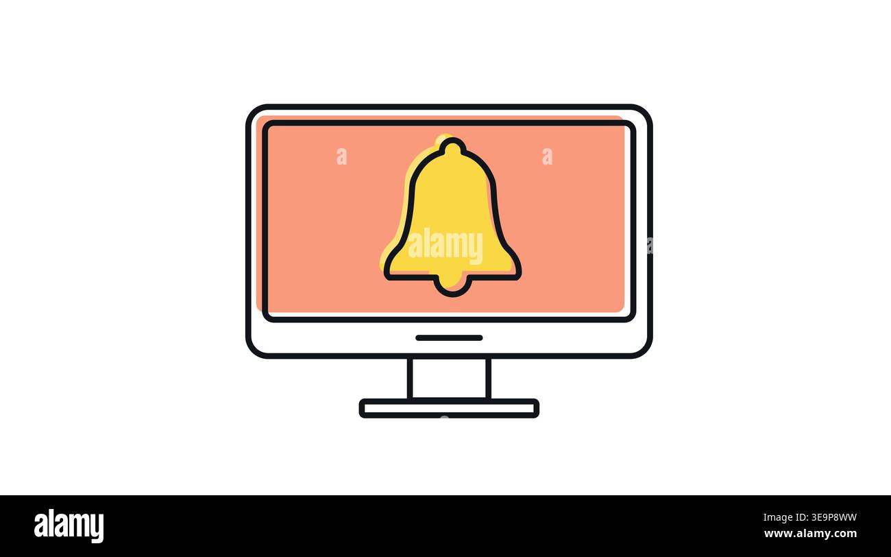 Computer notification and service alert icon: desktop PC with notification bell on screen Stock Vector