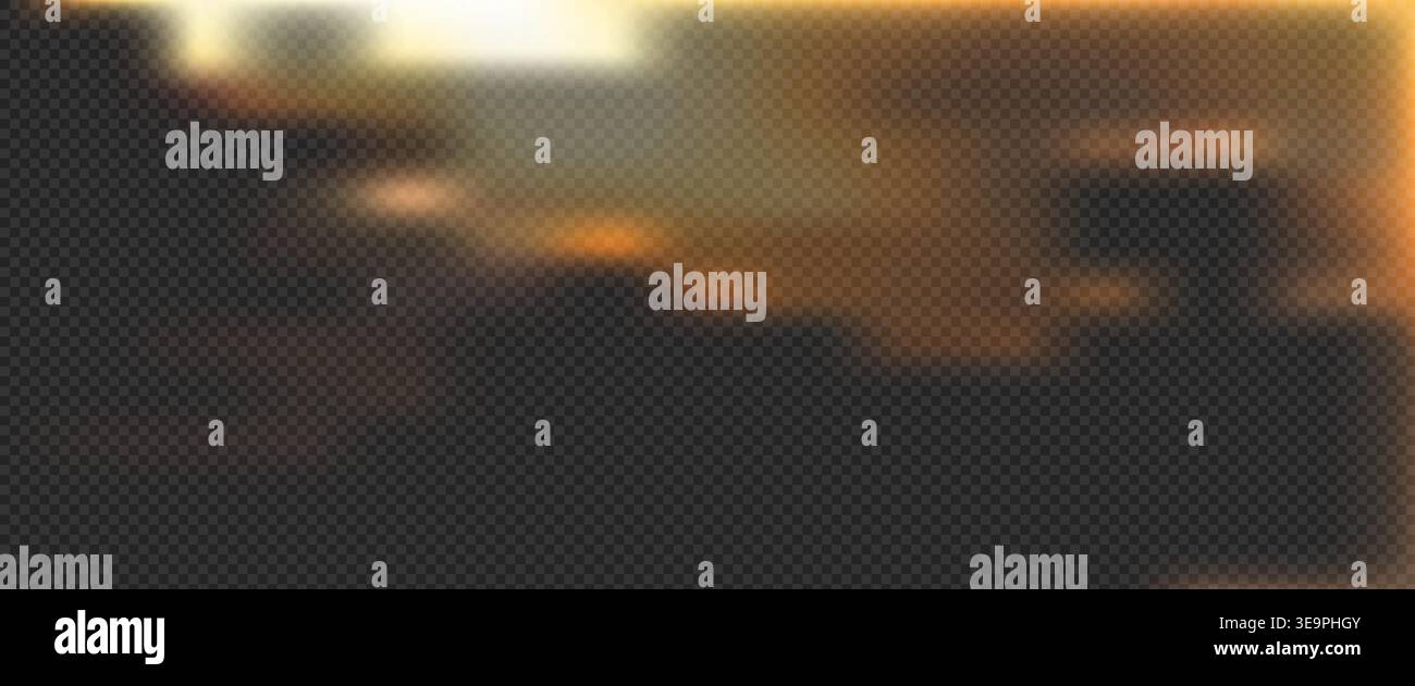 Warm golden light leak effect with soft orange glow and sun flare on dark background. Abstract blurred sunbeam and luxury spark overlay for romantic c Stock Vector