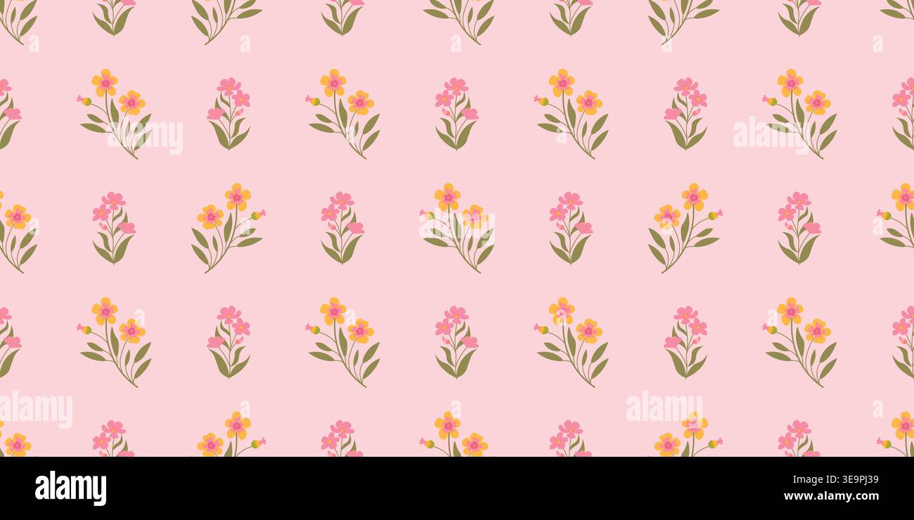 Seamless floral pattern with small yellow and pink flowers on pastel pink background for baby clothes and organic cosmetic packaging. Vector illustrat Stock Vector