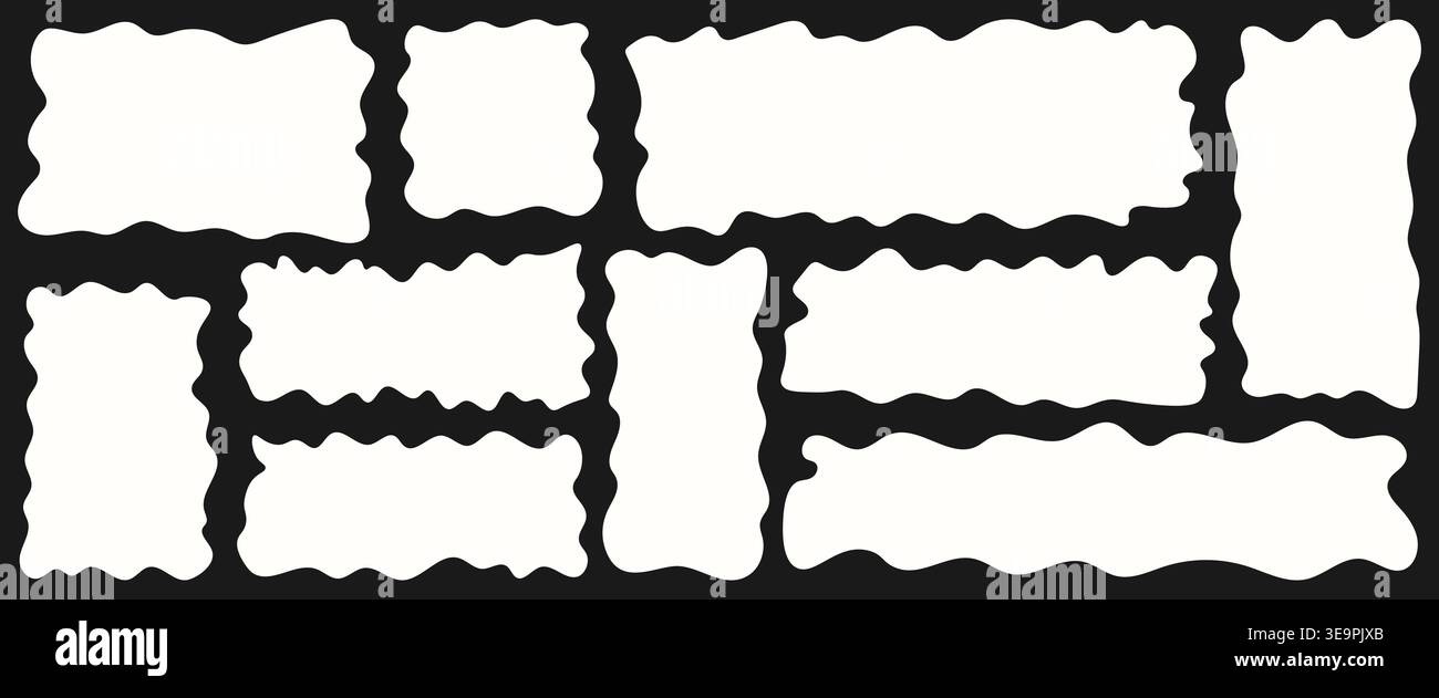 Set of wavy organic rectangles white on dark background. Composition geometric shapes, funky frames for text and pictures, empty speech bubbles.Vector Stock Vector