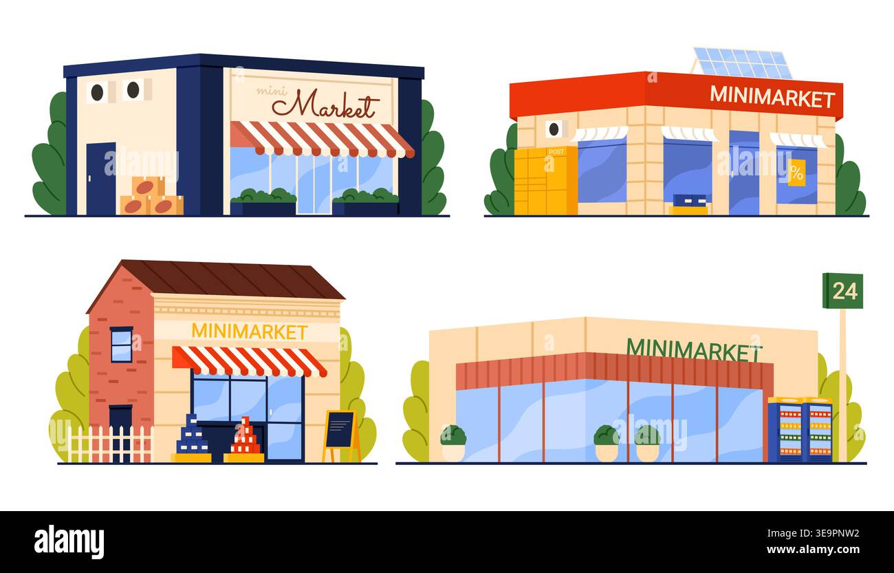 Modern minimarket and grocery shop facades set with signage, awnings ...
