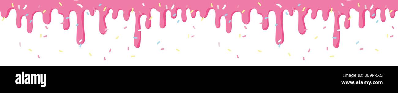 Seamless icing drip texture with sprinkles. Tiling cake frosting pattern repeating horizontally. Pink strawberry icing with colorful sprinkles. Stock Vector