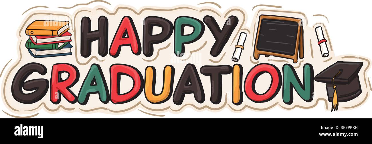 Happy Graduation graphic or sticker. Cheerful graduation logo with books, certification and graduation hat. Training or education concept. Stock Vector