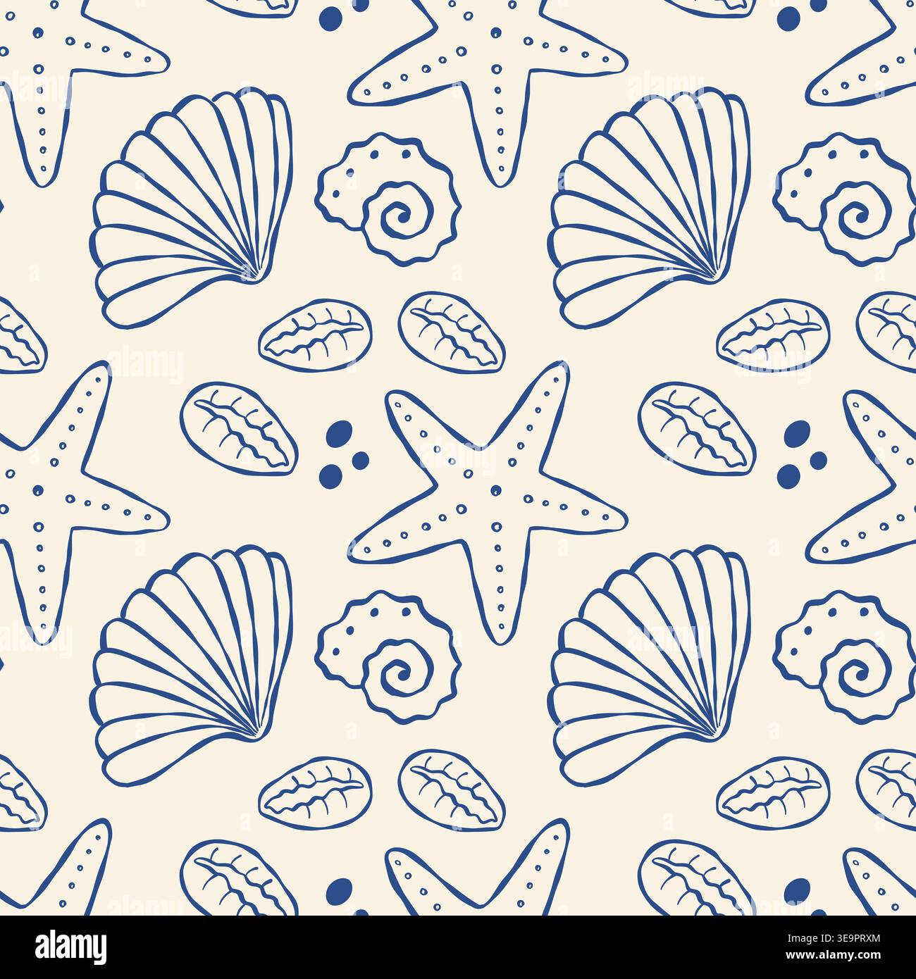 Hand drawn sea shells blue pattern Stock Vector