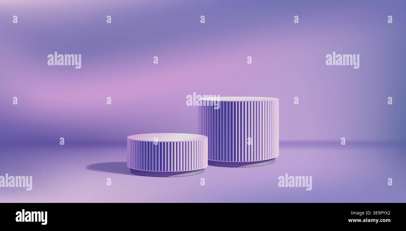 Neon purple poduim, 3d platform for product ads. Dark stage pedestal of two steps. Abstract studio scene, marble room pillars. Pink blue skincare Stock Vector