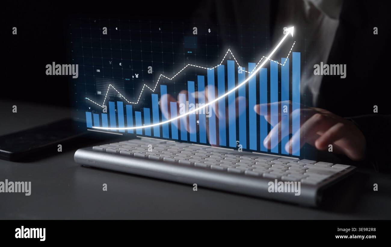 This image features a dynamic analysis of financial data with a focus on business growth trends, highlighting the importance of analytics in decision Stock Photo