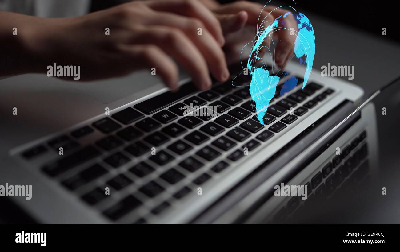 Global network connection visualization showing data exchange, digital link, worldwide communication. Global data flow and digital network Stock Photo