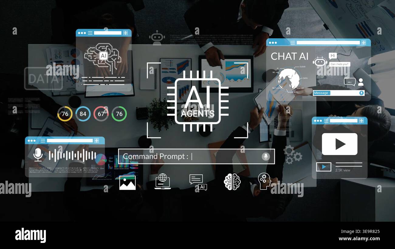 Team Collaborating on AI Development with Digital Interfaces and Data Visualizations for Enhanced Decision Making and Innovation in Technology Stock Photo