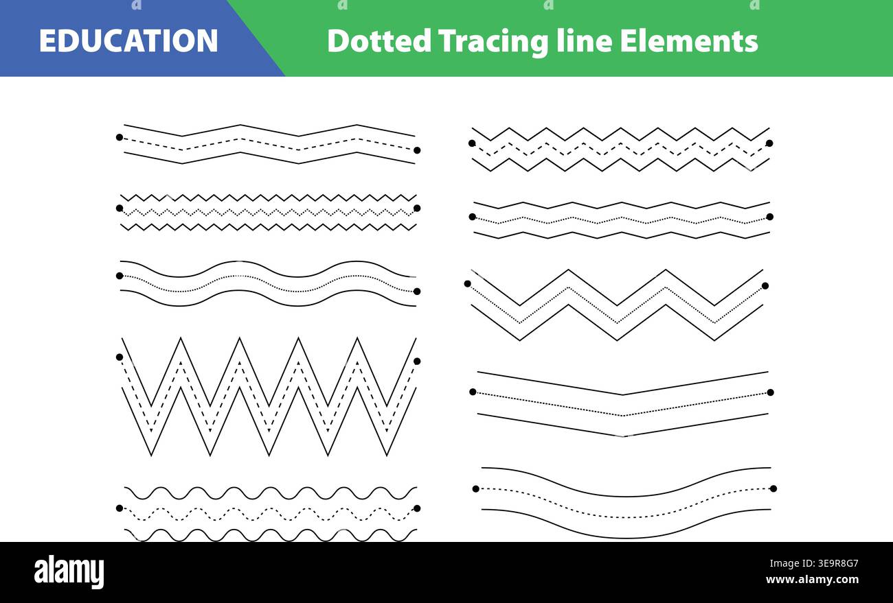 Dotted Tracing Line Elements for Kids Learning Educational Handwriting Practice Paths Stock Vector