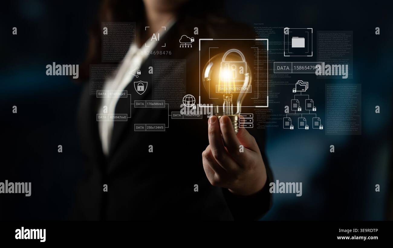 Digital padlock surrounded by data security diagrams representing encryption, network protection, and secure information management Parse Stock Photo