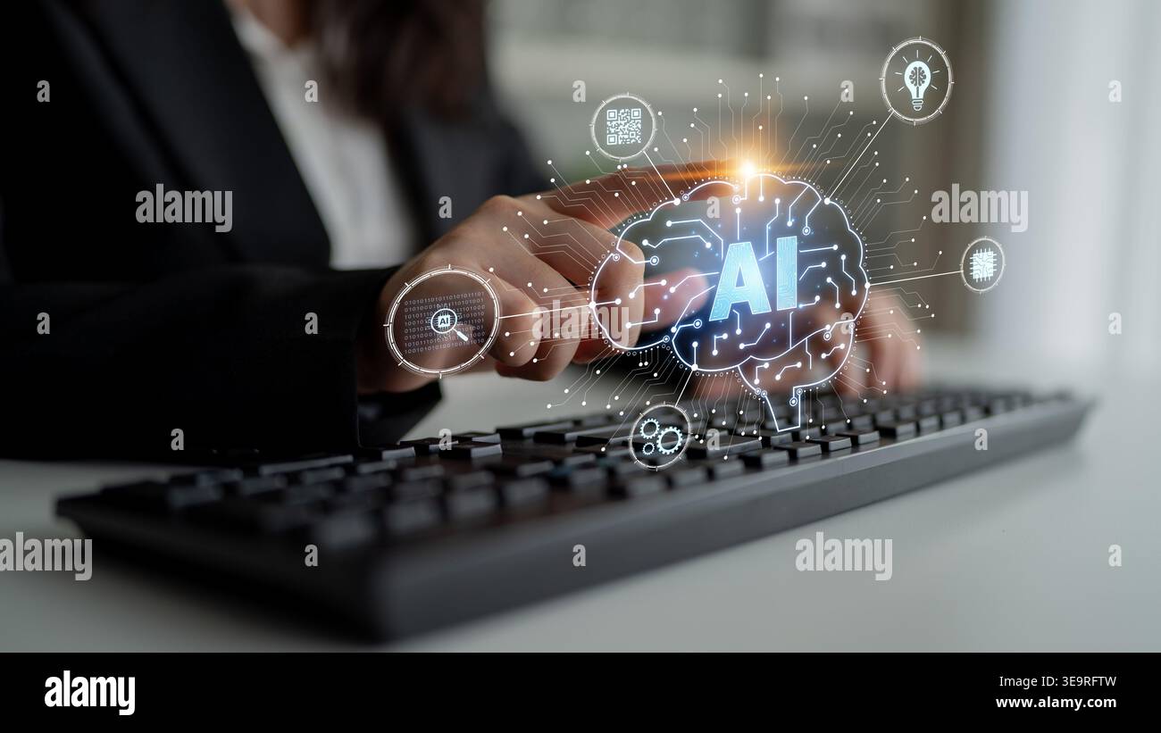 Artificial intelligence models neural signals for deep learning and cognitive computing. Train artificial intelligence to improve recognition Stock Photo
