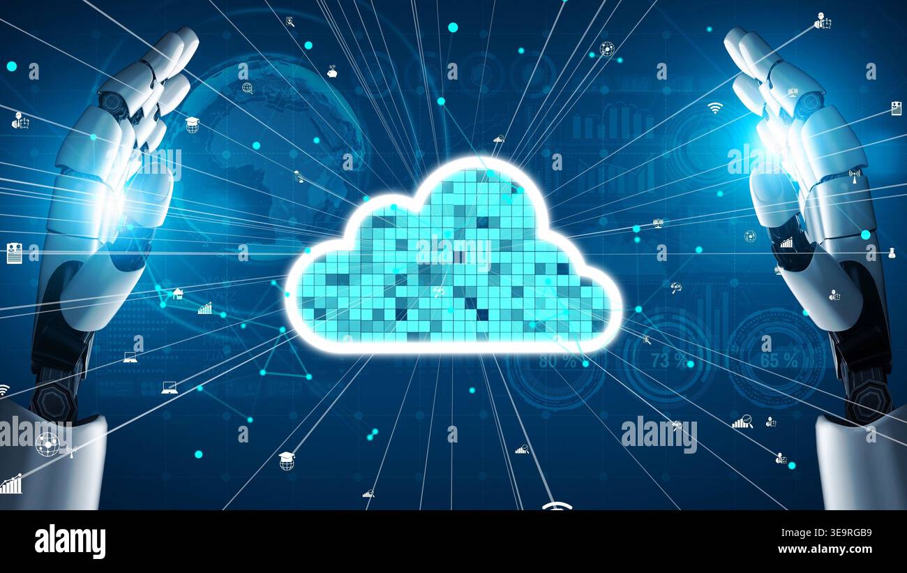 This image features robotic hands reaching toward a digital cloud, emphasizing the connection between technology and data. It illustrates advanced Stock Photo