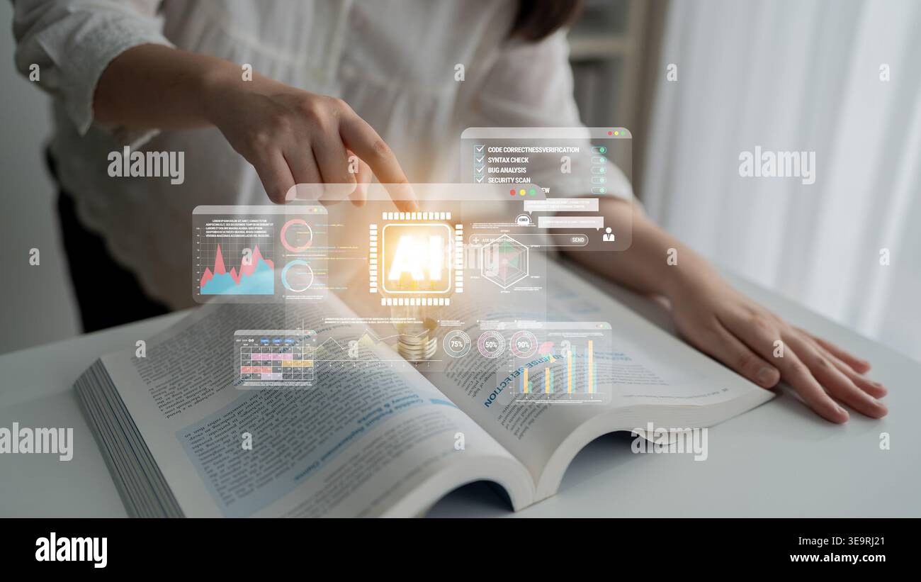 Business professional analyzing data trends and charts while interacting with digital graphs and information overlays on an open book Quark. Stock Photo