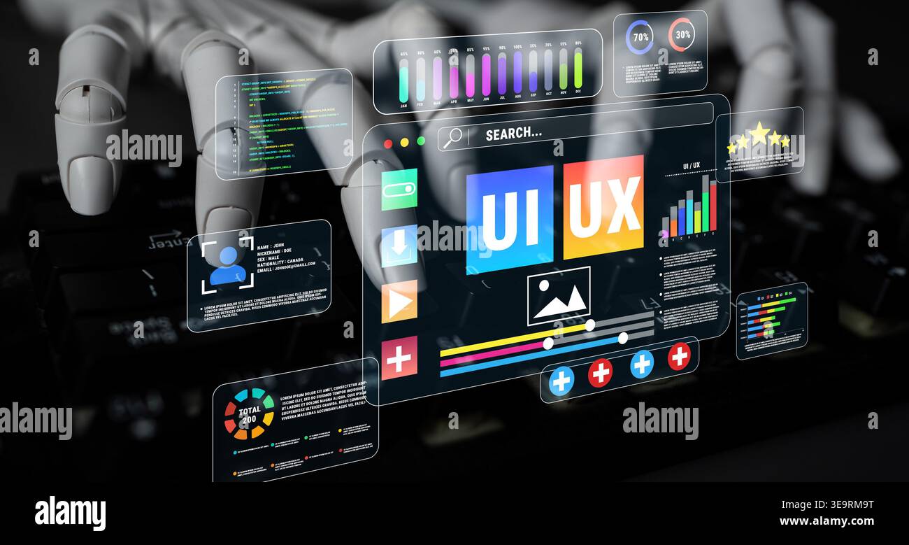 Futuristic User Interface Design with Robotic Hands Interacting with UI UX Elements and Digital Data Visualization on a Keyboard and Screen Quark. Stock Photo