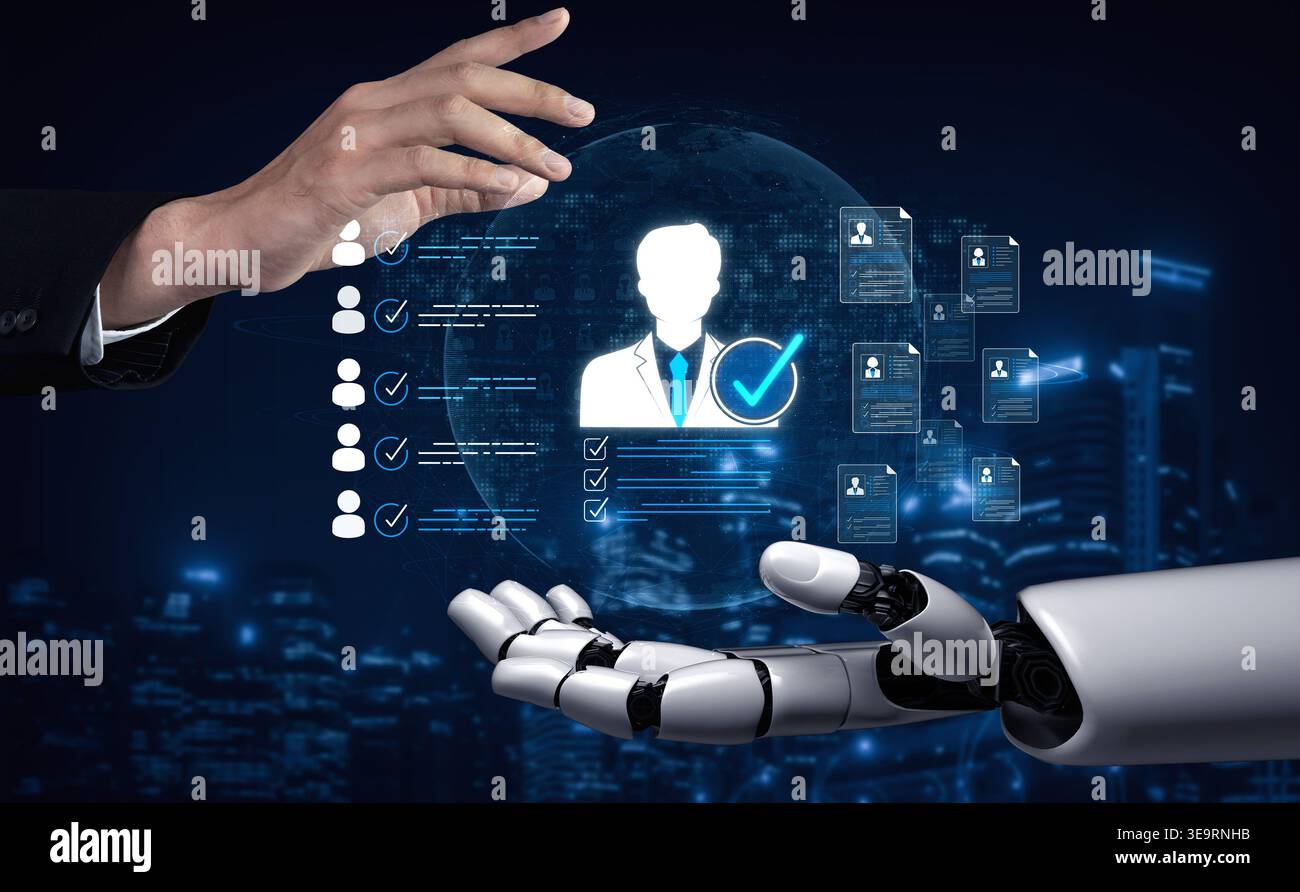 Human and Robot Collaboration in Future Work Environment Showcasing AI Integration and Digital Interfaces with Data Visualizations and User Stock Photo