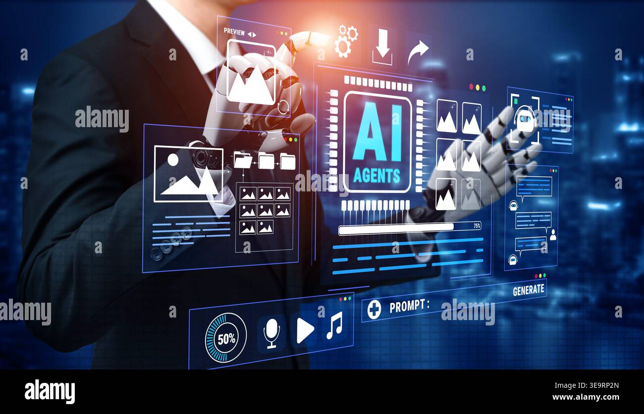Futuristic Businessman Interacting with Advanced Artificial Intelligence Technology and Digital Interface Displaying Data and Graphics Quark. Stock Photo