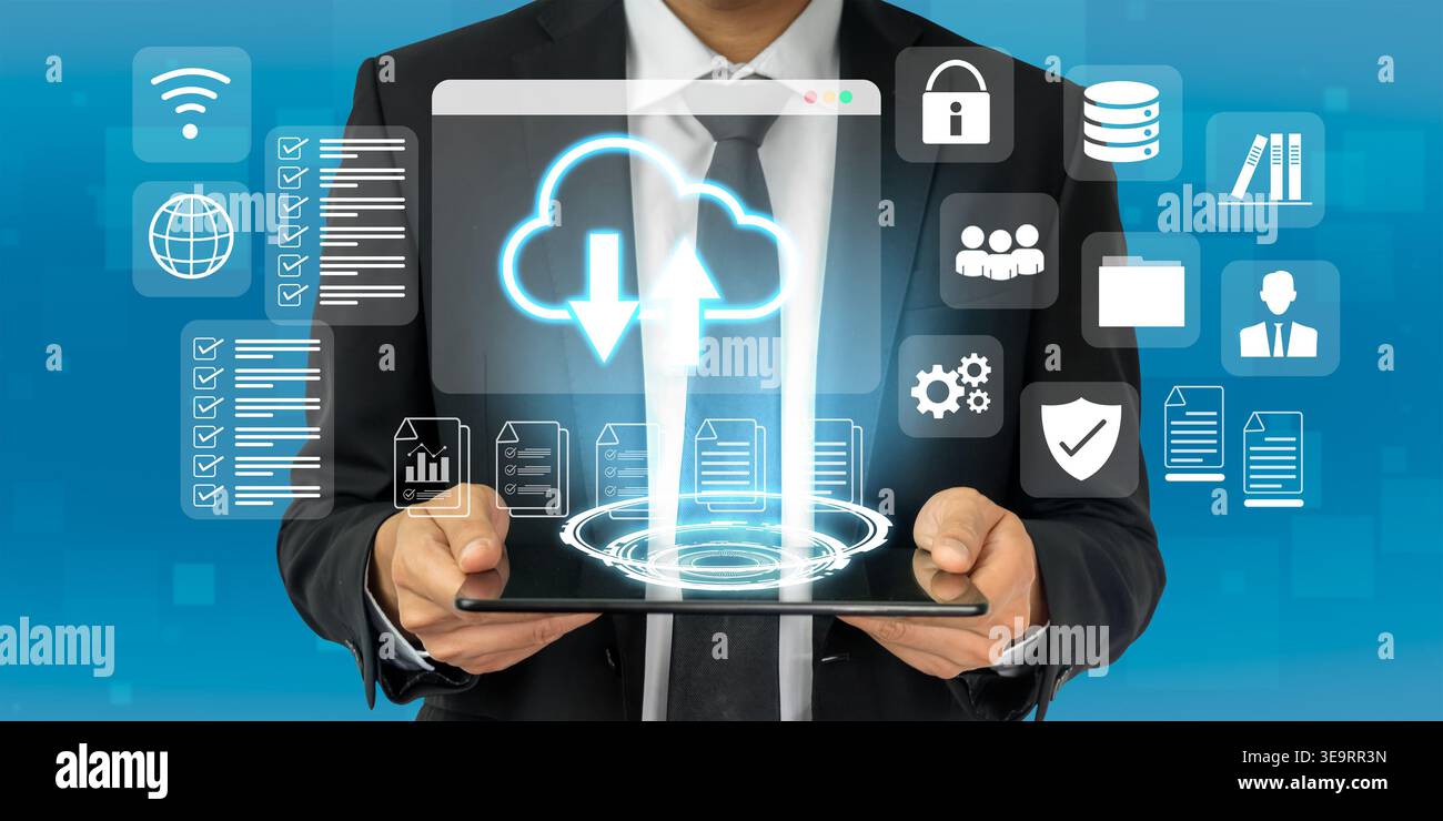 Cloud upload and download icon with surrounding data management, security, and analytics icons in digital interface Parse Stock Photo