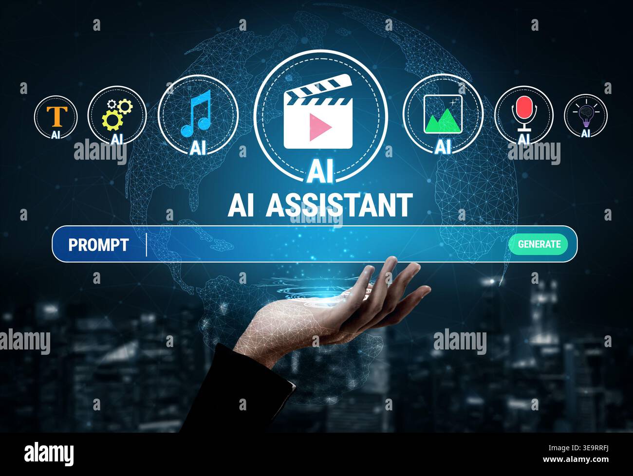 Futuristic Digital Interface with AI Assistant Showcasing Multimedia Options and User Interaction Design Elements Quark. Stock Photo