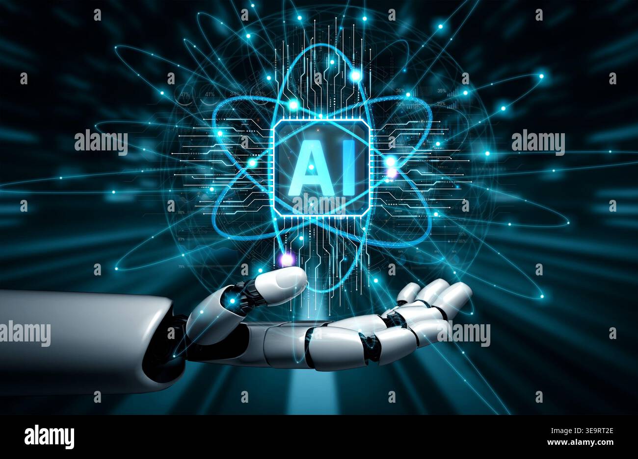Futuristic robotic hand reaching out towards a glowing AI symbol ...