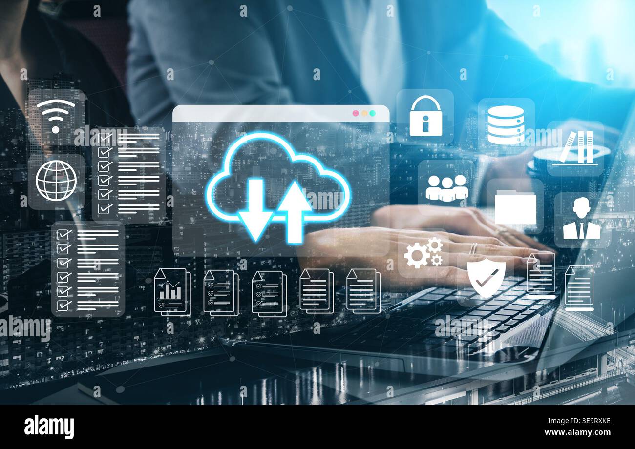 Cloud upload and download icon with surrounding data management, security, and analytics icons in digital interface Parse Stock Photo