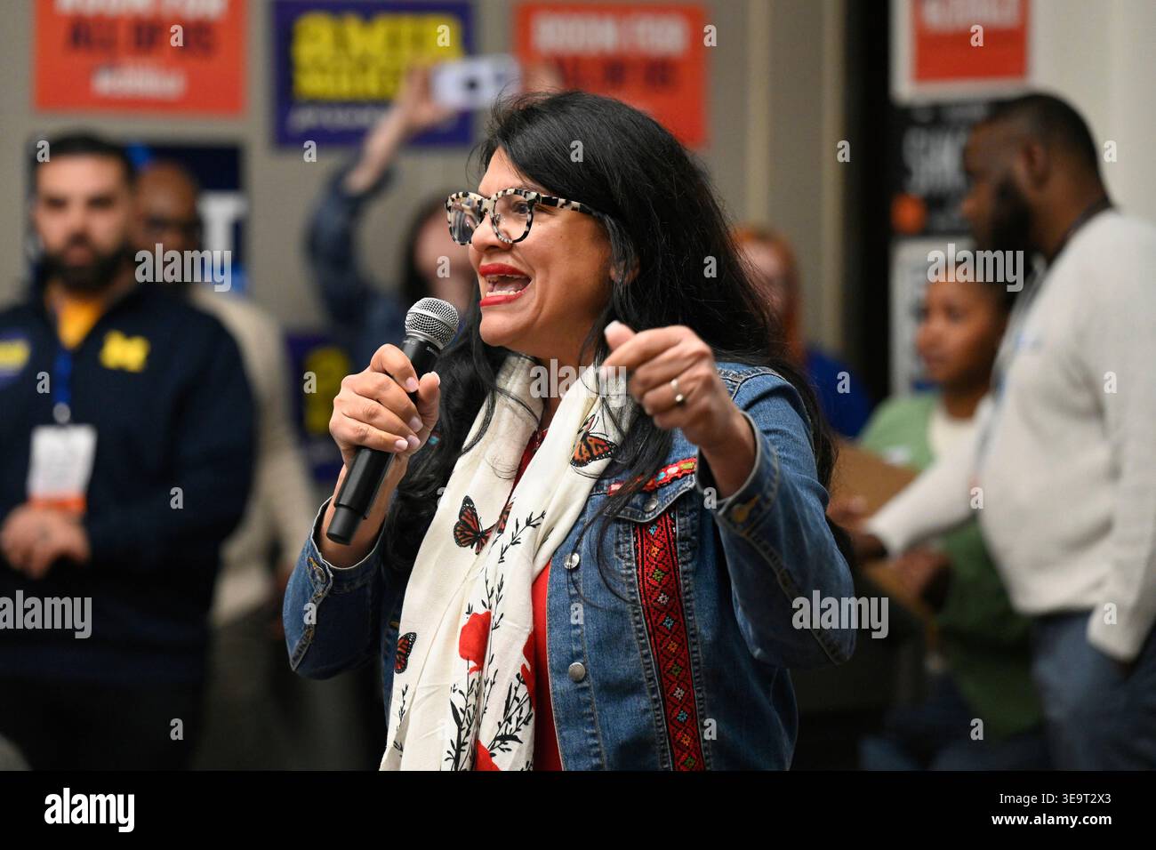 Rep. Rashida Tlaib, D-Mich., addresses delegates during the Michigan ...