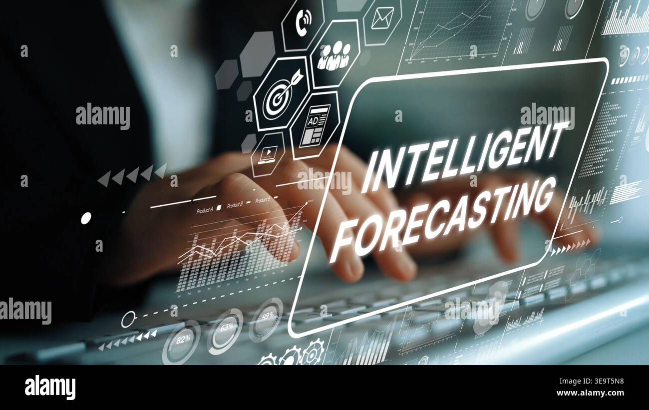 Business professional analyzing data trends with intelligent forecasting technology in a modern workspace. Asymptotic smart data analytic. Stock Photo