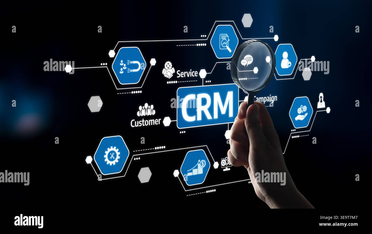 A detailed visualization of CRM software features with a magnifying glass highlighting customer service and campaign management icons in a digital Stock Photo