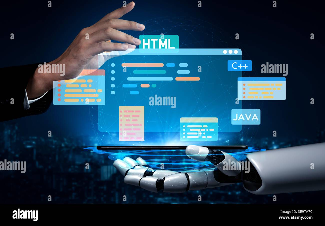 AI artificial intelligence assists software development through smart coding tools, virtual assistant debugging, and intelligent automation in digital Stock Photo