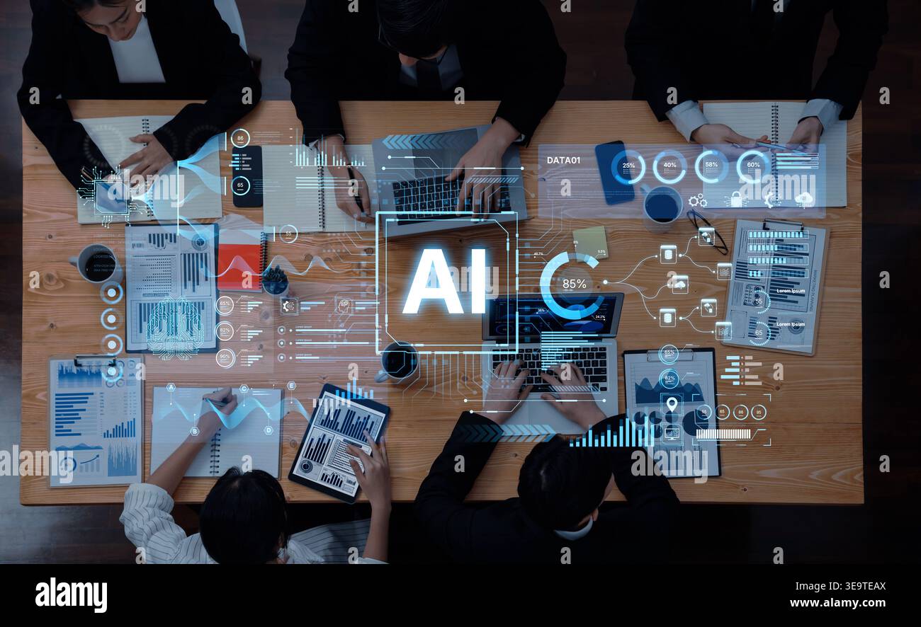 A futuristic AI dashboard for business intelligence. This platform showcases advanced data analytics, processing complex information into visual Stock Photo