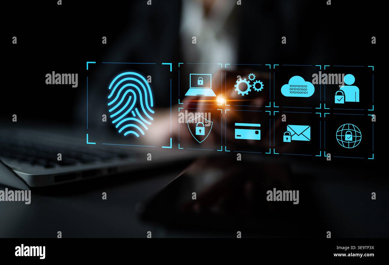 System for safeguarding digital identity using fingerprint authentication, encryption, and secure access protocols across cloud, device, and personal Stock Photo