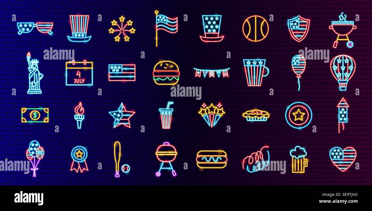 USA Neon Glow Icon Set Stock Vector