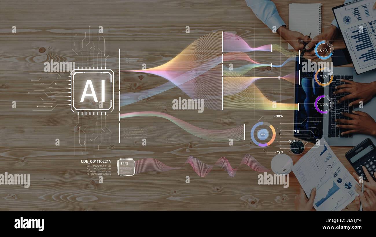 A modern workspace featuring advanced artificial intelligence data visualization with colorful waves and digital elements, emphasizing technology and Stock Photo