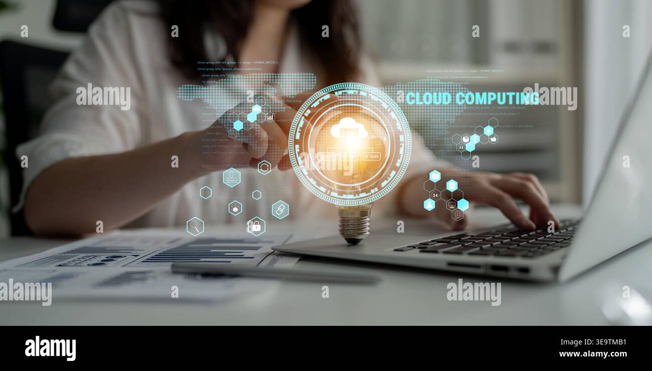 Global cloud computing platform providing services for software development. A worldwide network for data storage, security, and application hosting Stock Photo