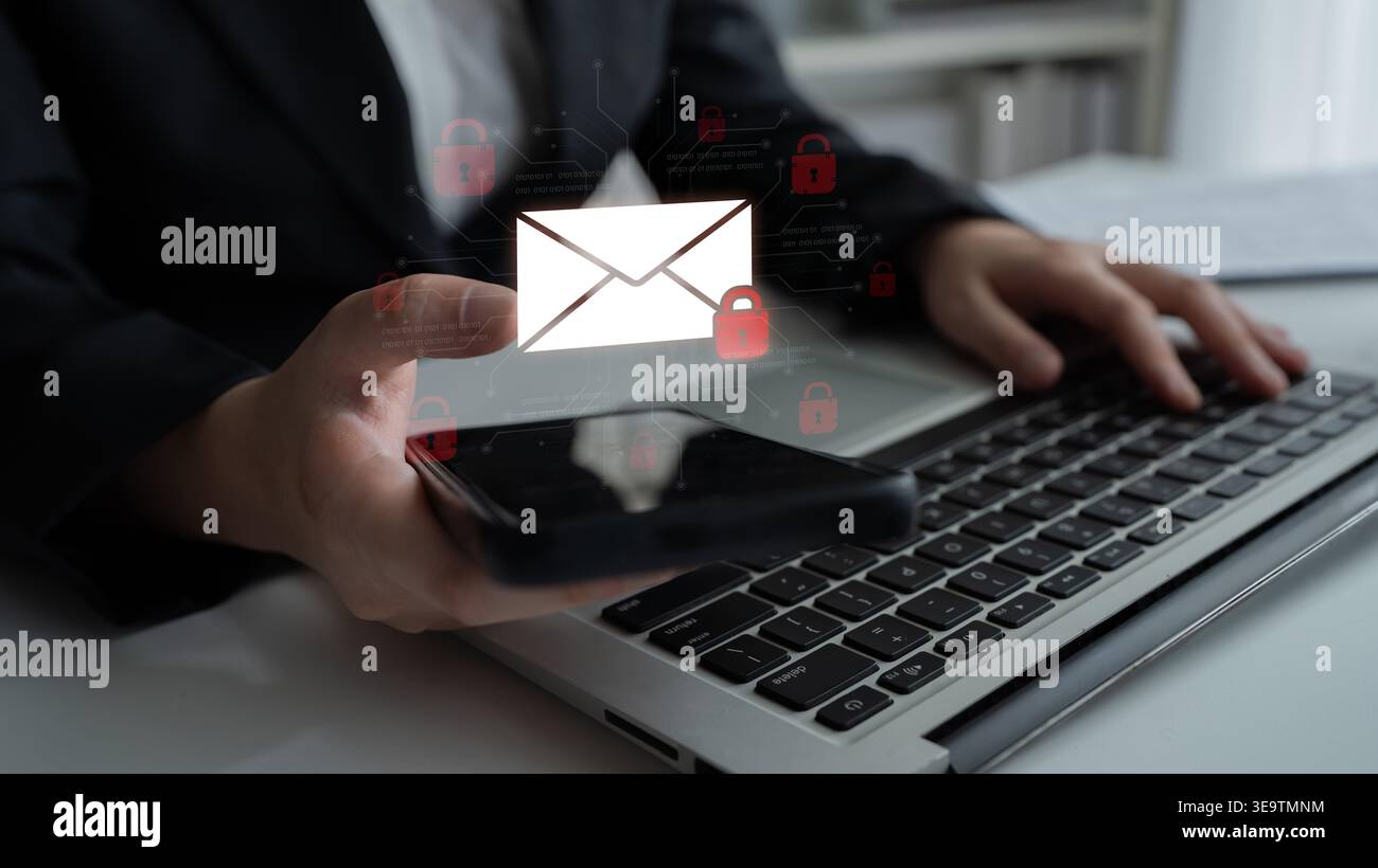 Concept of email security and cybersecurity for confidential communication. Message encryption ensures data privacy and protection from unauthorized Stock Photo
