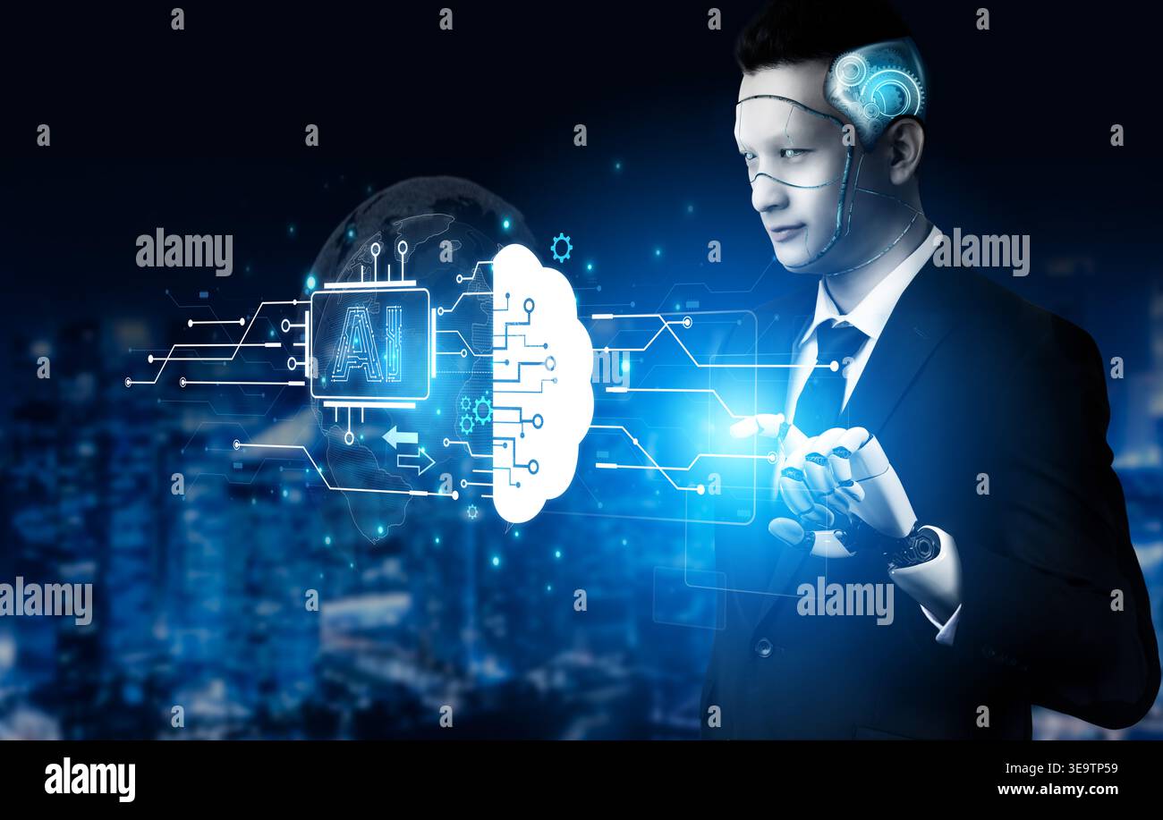 An advanced AI assistant visualizes its machine learning process. This generative technology shows its core processor connecting to a cloud brain and Stock Photo