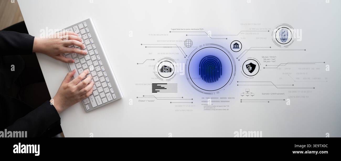 Biometric identity system using fingerprint and facial recognition to secure cloud access, protect sensitive data, and authenticate users in digital Stock Photo
