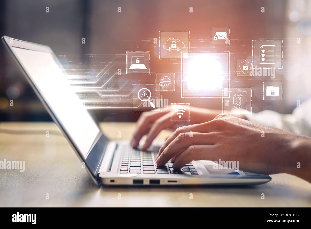 Zero trust model enhances data protection. Zero trust blocks unauthorized access, secures devices, zero trust defends networks, and zero trust Stock Photo