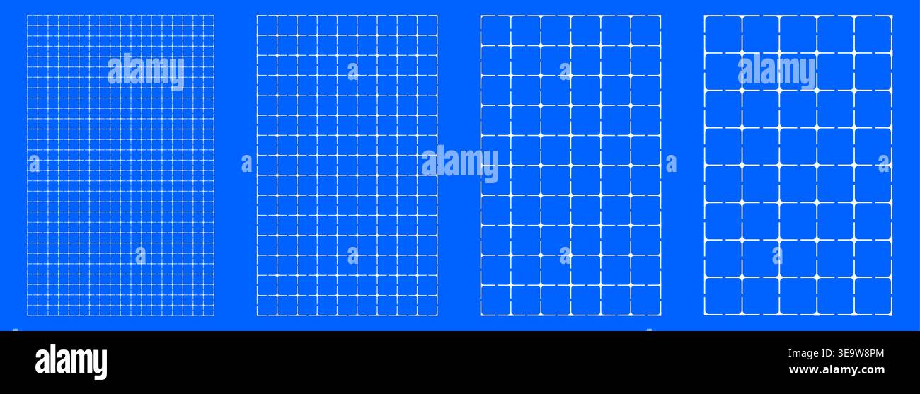 Blueprint grid set rounded cross geometry, four scale variations. Wide medium dense micro spacing comparison, engineering layouts dashboards notebook pages interface planning systems graphics. Stock Vector