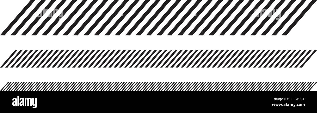 Set of separators with slash lines. Borders with oblique parallel stripes. Embroidery ornament with black slanted stitches on white background Stock Vector