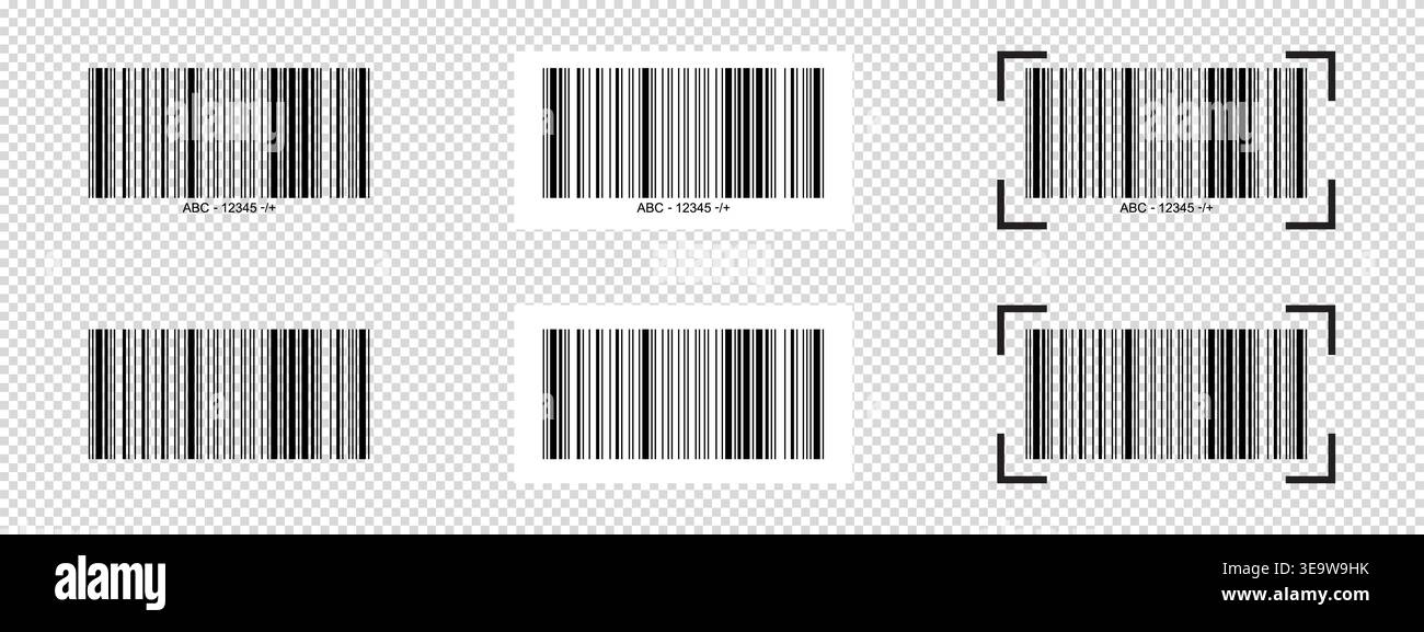 Set of barcode templates with scanner frames. Bar code labels isolated on transparent background. Visual data digital representation with product or Stock Vector