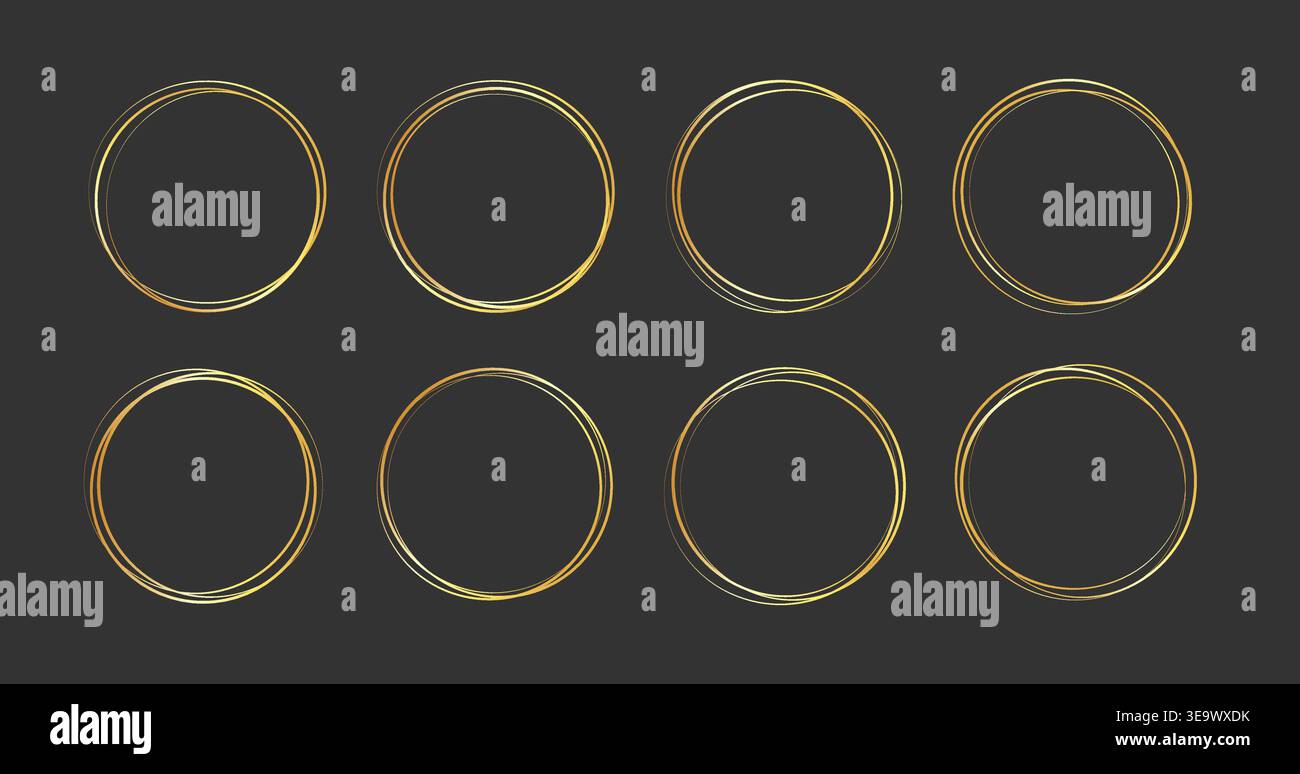 Gold golden frame ring set. Gold circular ring line glitter luxury hand drawn outline texture. Elegant doodle sparkle light metal effect for wedding decoration logo. Vector illustration Stock Vector