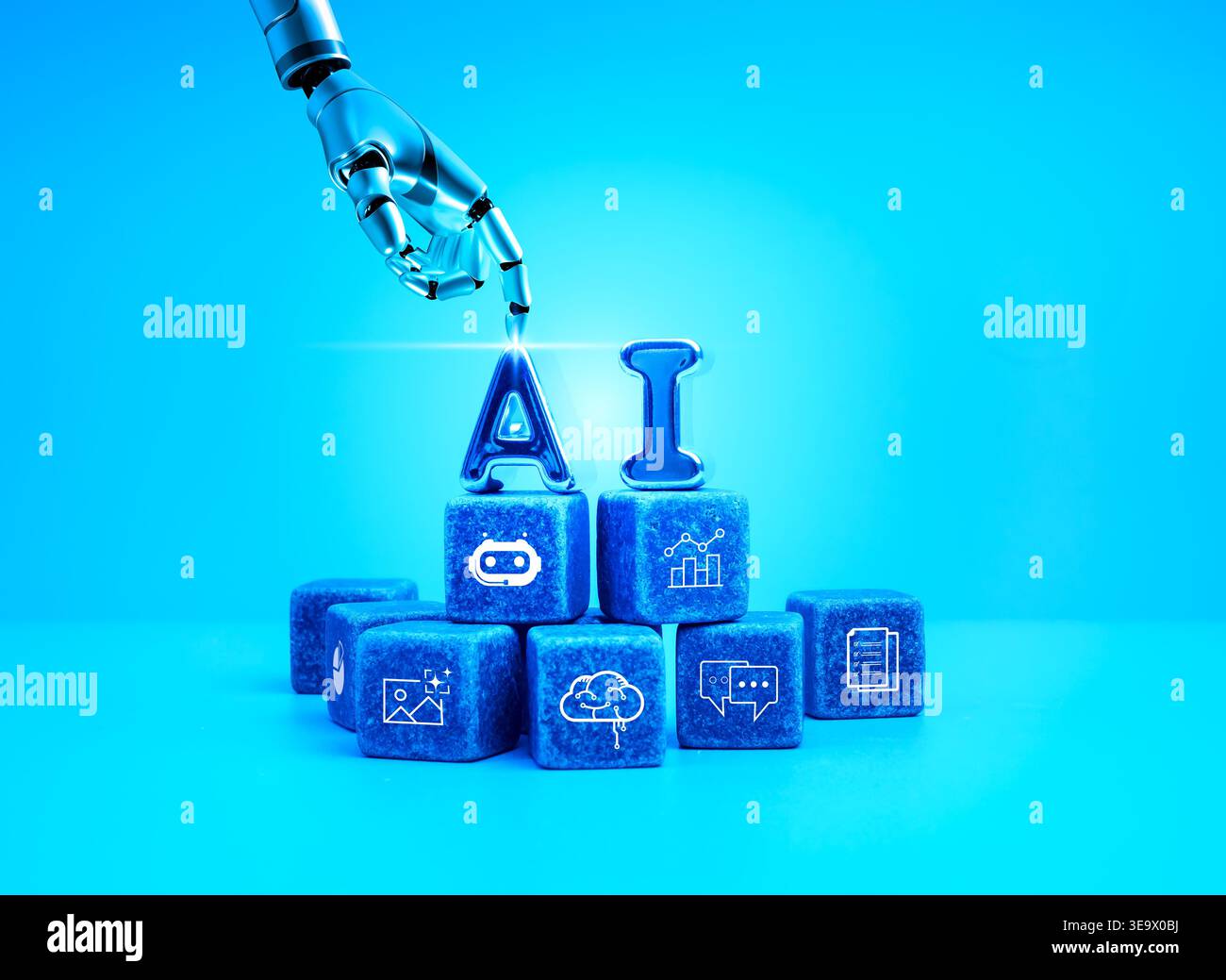 Futuristic artificial intelligence concept with robotic hand interacting with AI cubes. Machine learning, automation, data analytics and digital trans Stock Photo
