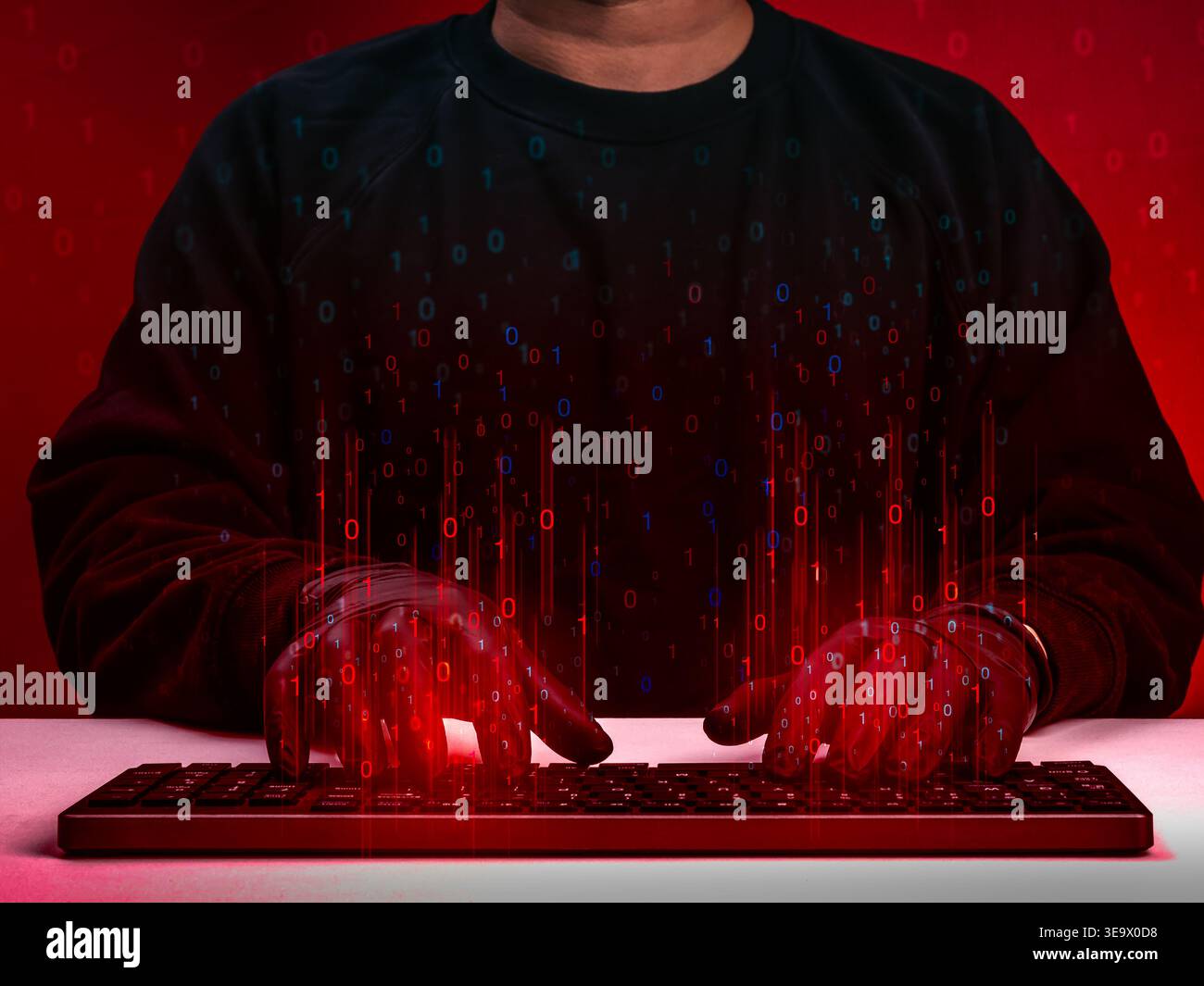 Cyber attack concept with hacker using keyboard surrounding with binary code, red background. Data breach, digital security threat, online scam and cy Stock Photo