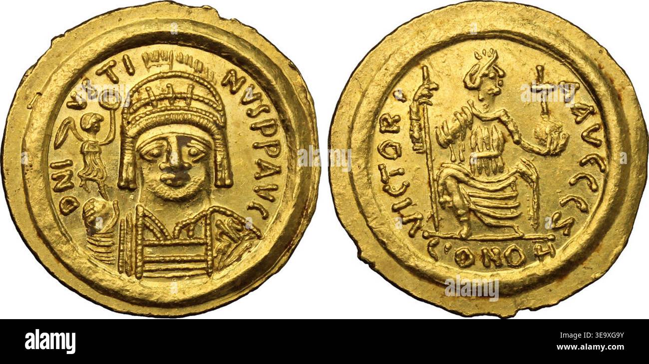 The archival image shows a solidus coin of Justin II, minted between ...