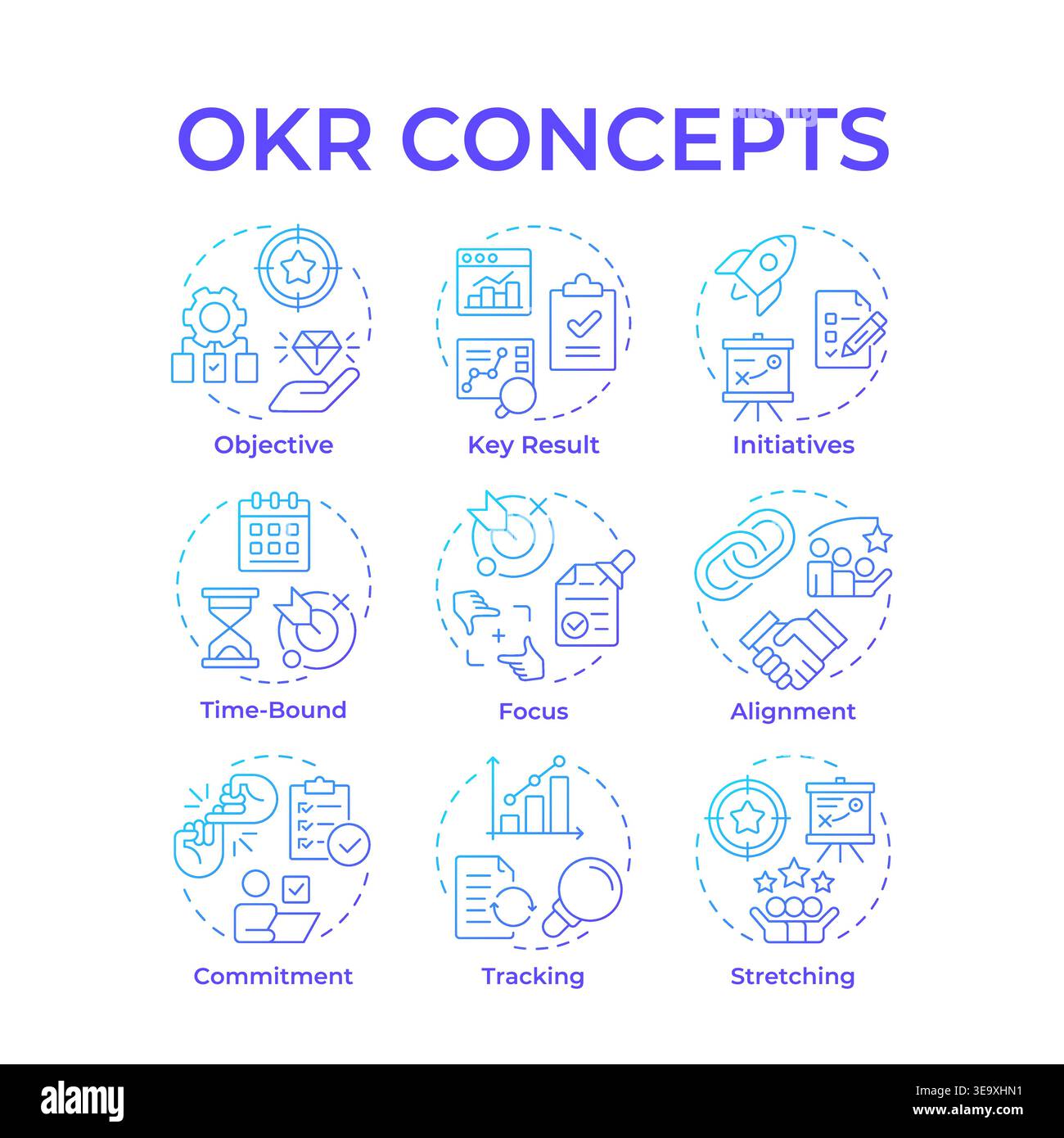 OKR blue gradient concept icons Stock Vector