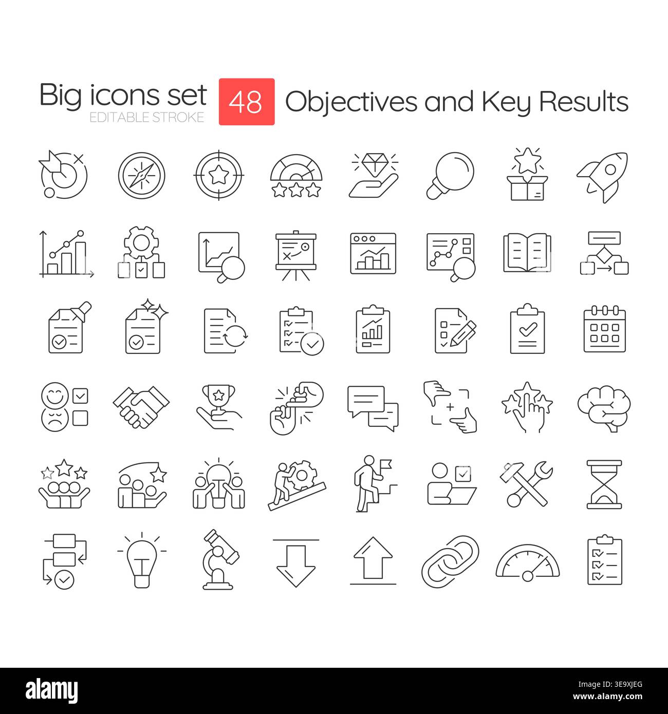 Objective and key results line icons set Stock Vector