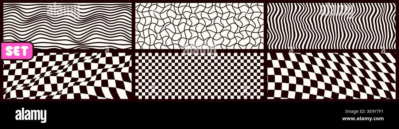 Groovy psychedelic checkerboard black and white banners. Stock Vector