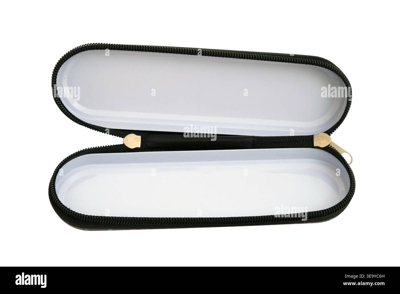 Open empty black pencil case on white background. Zippered school supply container for stationery storage. Portable rectangular accessory holder case Stock Photo